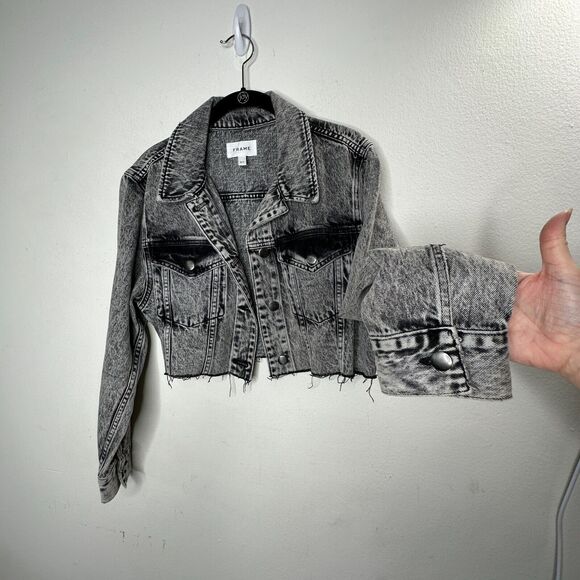 Frame Stonewashed Gray Faded & Distressed Crop Jacket Front Button Raw Hem S - Picture 6 of 16